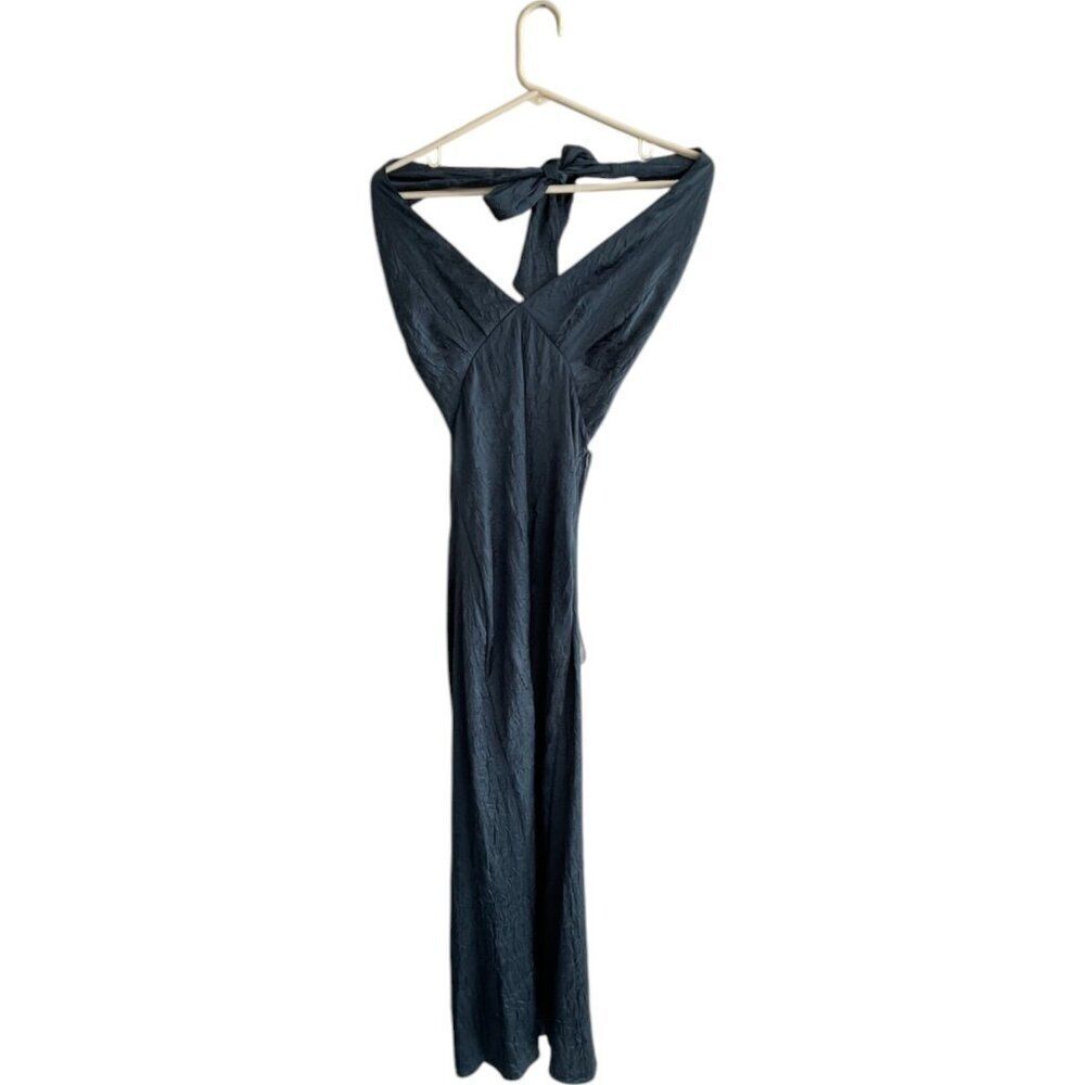 Zara Womens Halter Dress XS Blue Green Wrinkled Satin Effect V Neck 2157/223 NWT
